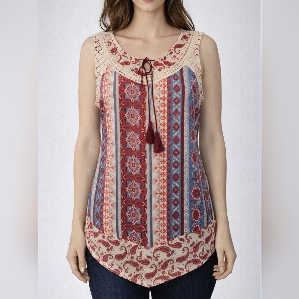 3/$30 CATO Floral Tribal Paisley Lace Tassel Sleeveless V-Neck Blouse